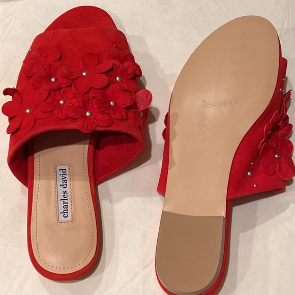 Charles David Sicilian red size 11 slides shoes flowers 🌺 daisies suede leather - Picture 12 of 16